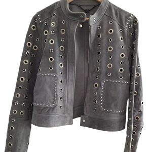 Dawn Levy Gray Genuine Suede Leather Jacket with Metal Accents